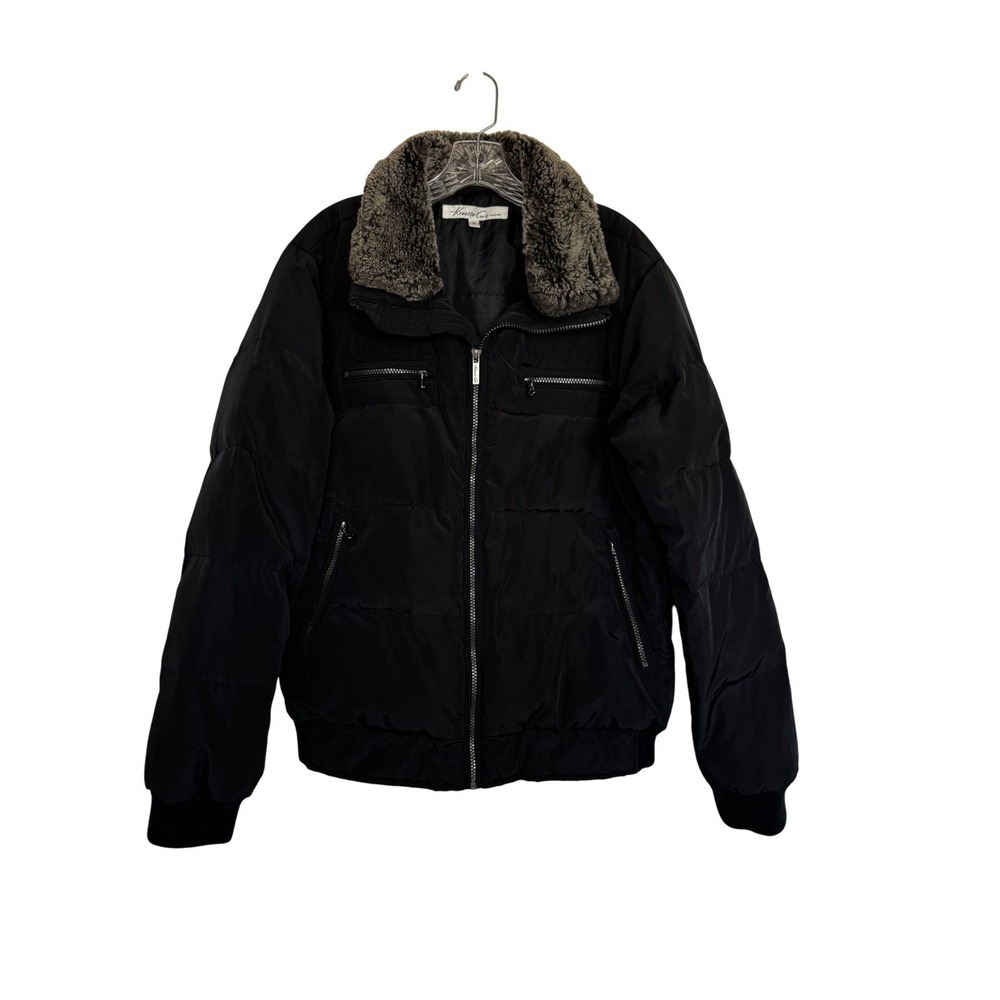 Kenneth Cole New York Mens Black Puffer Jacket Faux Fur Collar Bomber Medium